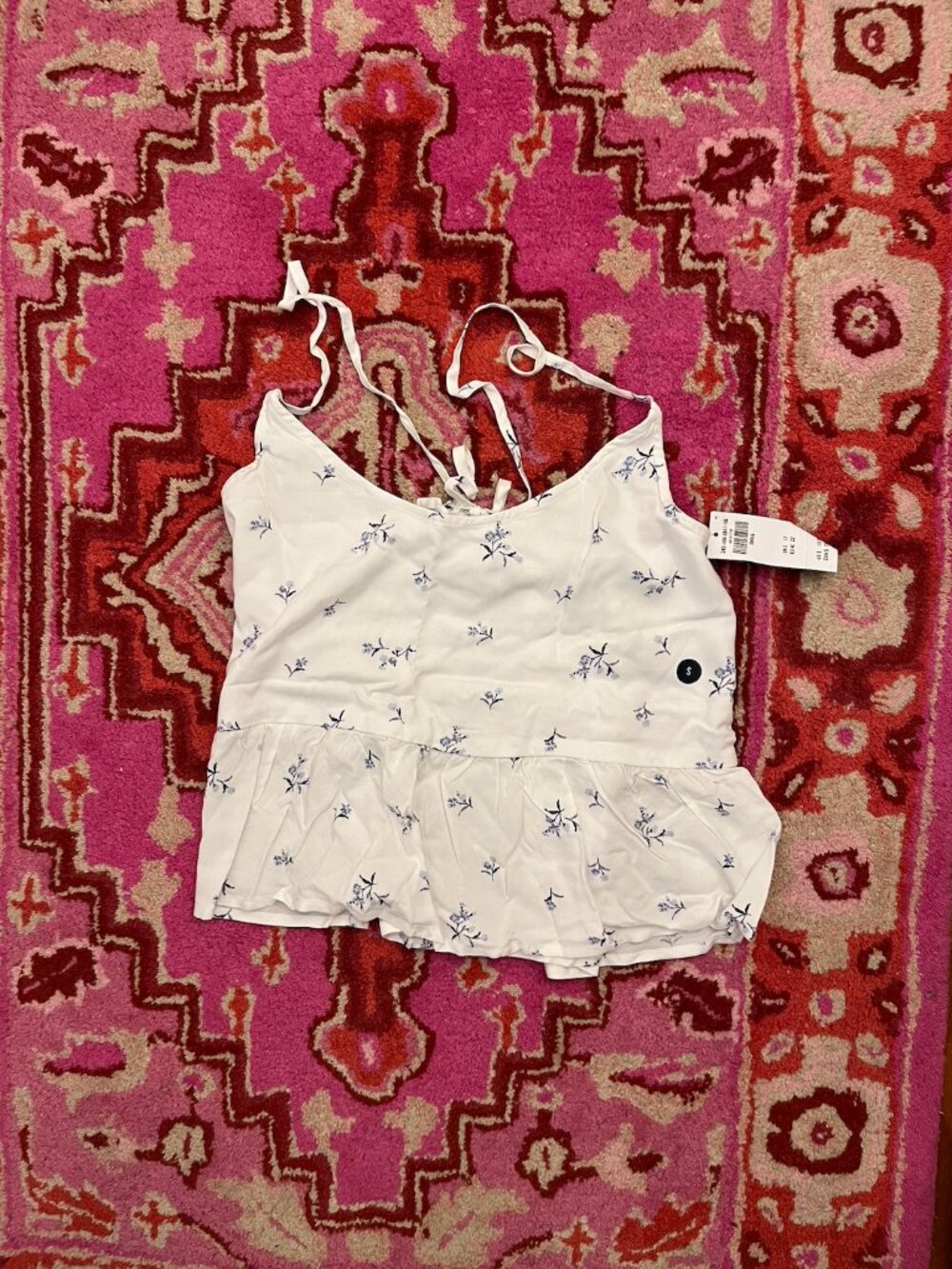 Hollister Women's White with Small Blue Floral Babydoll Cami Strap Tank Top